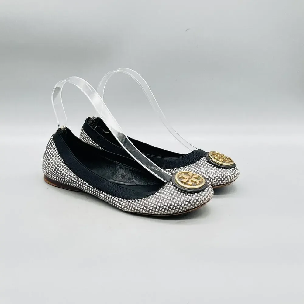 Tory Burch Shoes Womens 6 Silver Leather Check Logo Ballet Flats Slip On Party